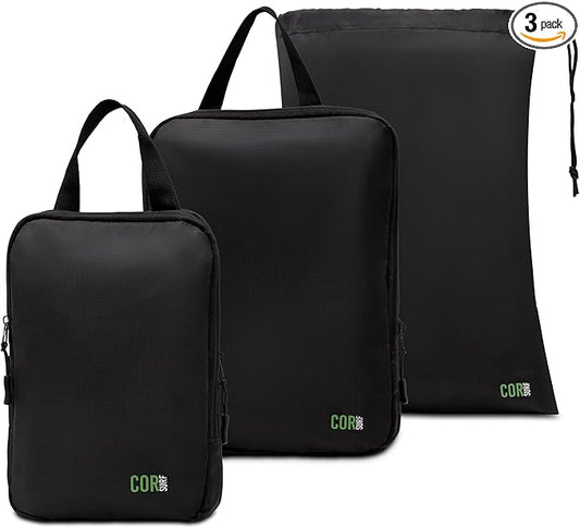 Compression Packing Cubes Travel Organizers plus Laundry or Shoe Bag with YKK Zippers (Black, 3 Piece)
