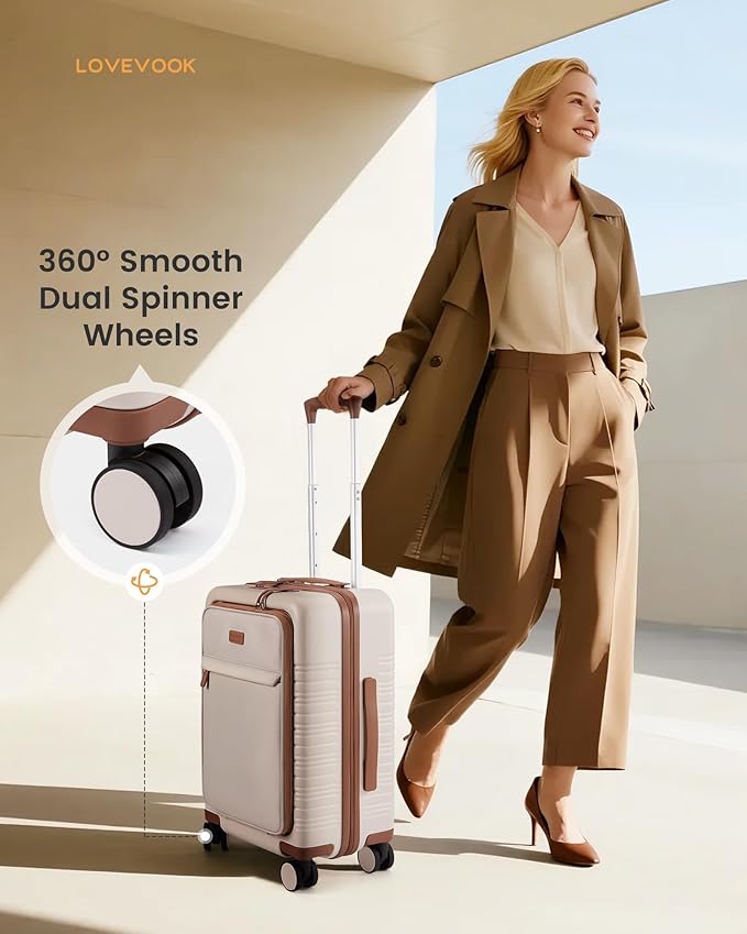 LOVEVOOK Carry On Luggage 22x14x9 Airline Approved with Detachable Pouch, 21 Inch Hardside Suitcases with Spinner Wheels, Lightweight Carry-on Luggage with TSA Lock for Women Men, 2PCS, Beige