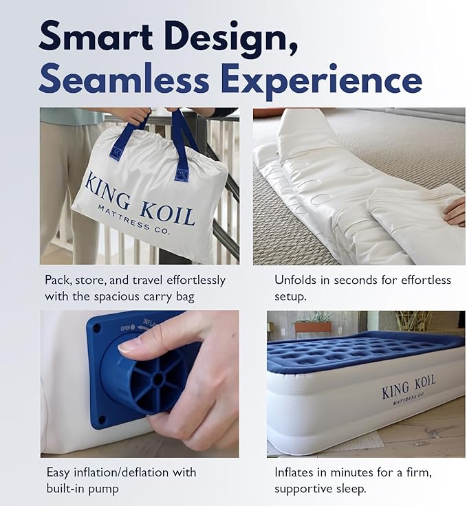King Koil Premium California King Size Air Mattress with Built-in Pillow & Patented High-Speed Built in Pump, 20" King Size Premium Double High Airbed for Home, Camping & Guests, 1-Year Warranty