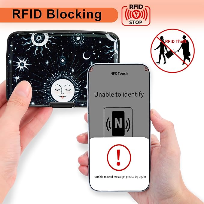 Mayski Credit Card Holder, RFID Blocking, Aluminum Alloy Hard Case, Small Mini Business Metal Wallet for Women Men, Sun Moon