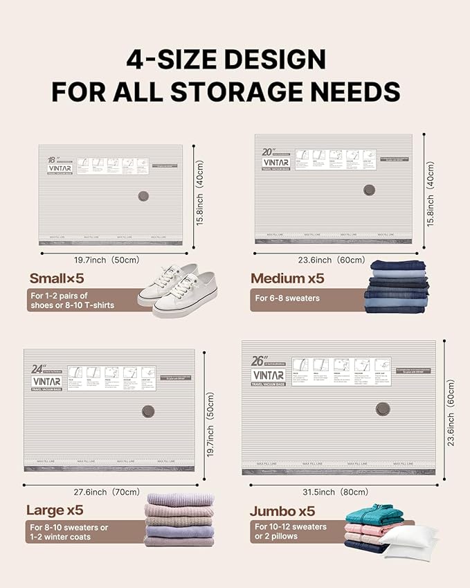 Travel Vacuum Seal Bags for Clothing with Rechargeable Cordless Pump, VINTAR 20 Pack (5J+5L+5M+5S) Carry-on Size Space Saver Vacuum Storage Bags, Compression Packing Bags for Luggage and Suitcase