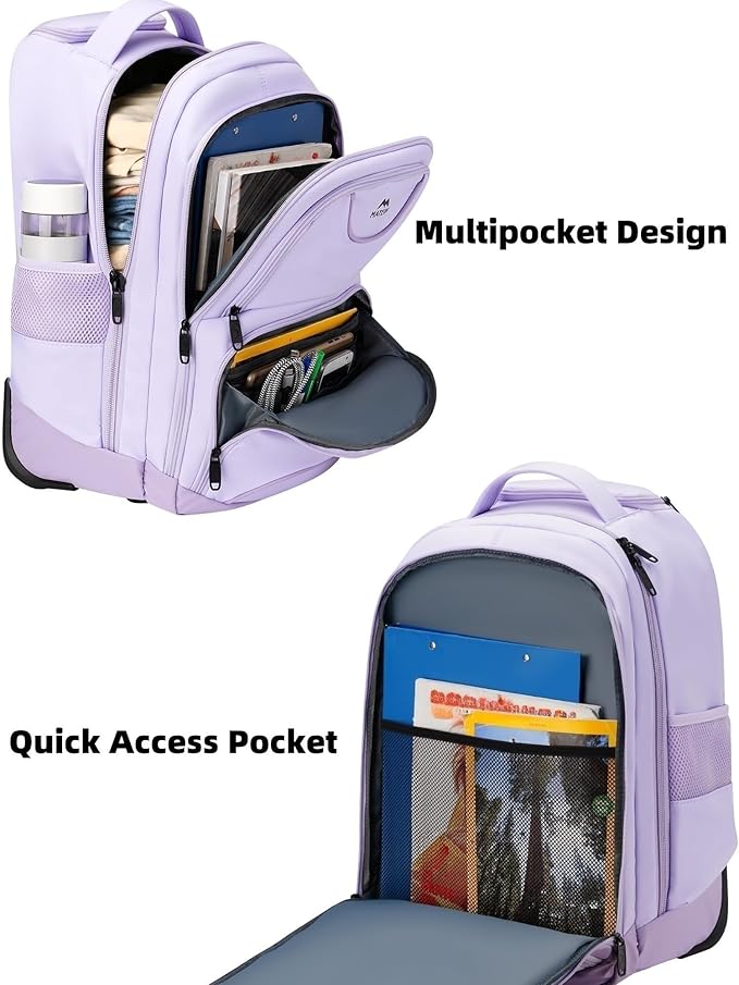 MATEIN Rolling Backpack for Women, 17 Inch Travel Laptop Backpacks with Wheels, Waterproof Large Roller Carry On Luggage Wheeled, Trolley Overnight Suitcase Business Computer Bag, Purple