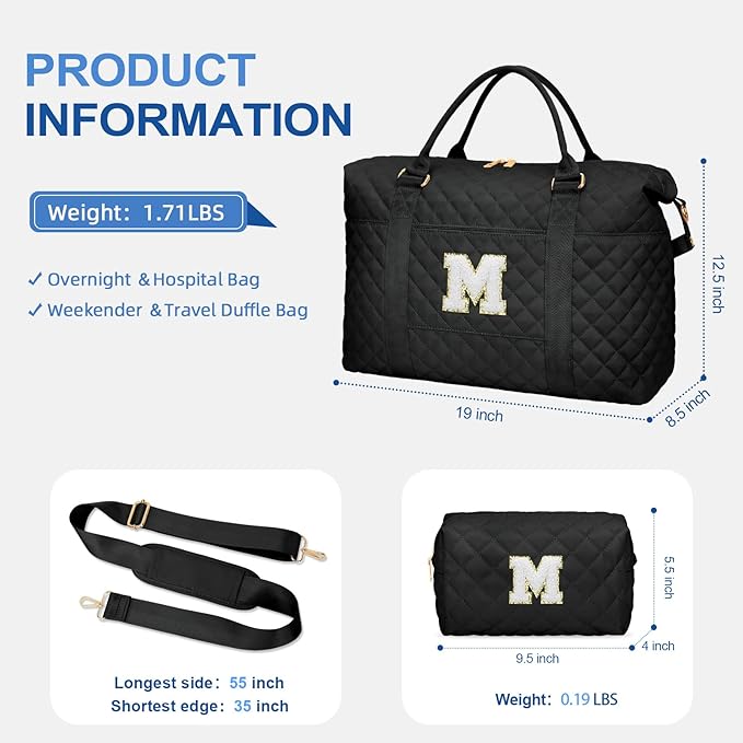Gifts for Women, Initial Travel Duffle Bag, Personalized Weekender Overnight Bags, Gift for Mom Friend College Girl Graduation Teacher（Black,M)