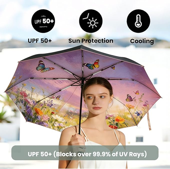 SIEPASA Compact Travel Umbrella - Windproof Auto Open/Close, Lightweight Folding Umbrella wIth Fiberglass Frame & Waterproof Canopy. Fits Backpack/Purse. (Garden Butterfly)