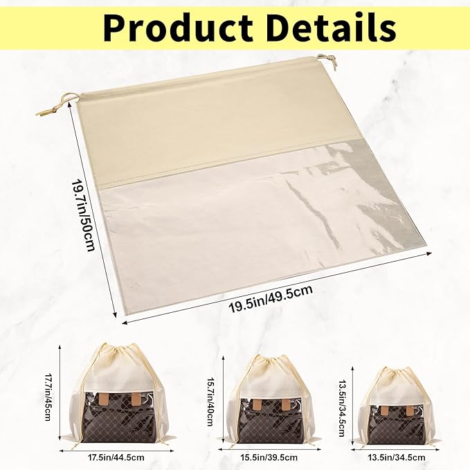 12 Pcs Shoe Bags for Travel, Dust Bags for Handbags, Dustproof Drawstring Bags in 4 Size, Breathable Non Woven Fabric Storage Bag for Handbags Shoes Purses, Beige