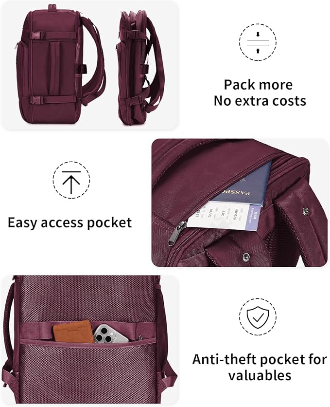 ECOHUB Travel Backpack for Women, 18x14x8 Spirit Airlines Personal Item Bag with Clear Toiletry Bag, Laptop Carry on Backpack with USB Port, Airline Approved Under Seat 14 Pockets 30L, Red
