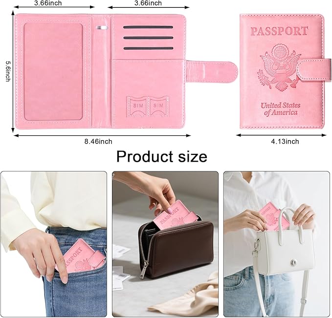 Sizobi Passport Holder for Travel, RFID Passport Cover Wallet for Women Men, Leather Passport Book Card Holder Case for International Travel Must Haves Accessories, Cruise Ship Essentials Gifts, Pink