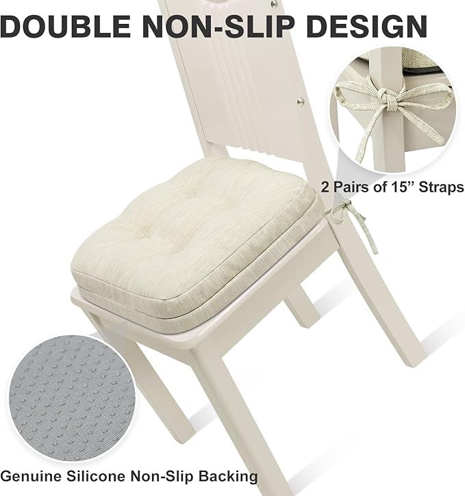 Shinnwa Kitchen Chair Cushions Set of 2, Dual-Layer Memory Foam Dining Chair Cushions, Patented Design Seat Pads with Ties, 16.5 x 16.5 x 3.5in, 2 Pack, Ivory