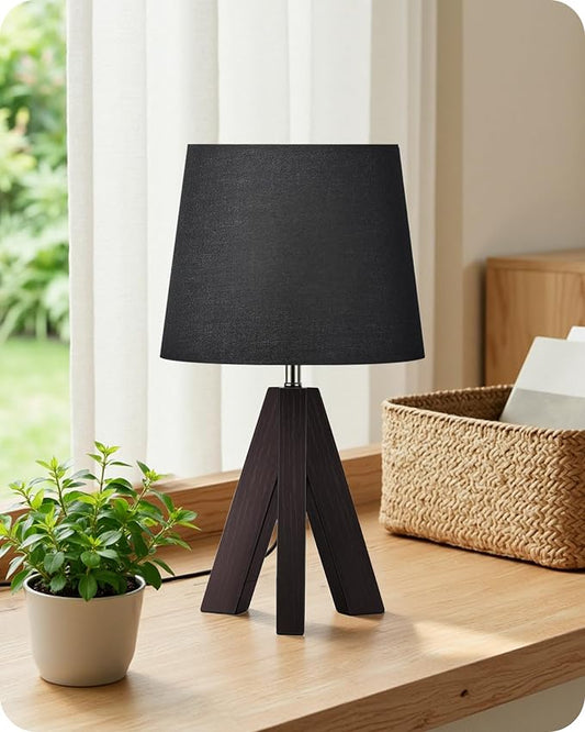 Small Table Lamp for Bedroom, 14.6" Bedside Lamp with Black Linen Shade & Walnut Wood Tripod Base, Modern Nightstand Lamp, Blak Lamp for Living Room, Nursery, Entryway, E26 Socket, VB51TL05