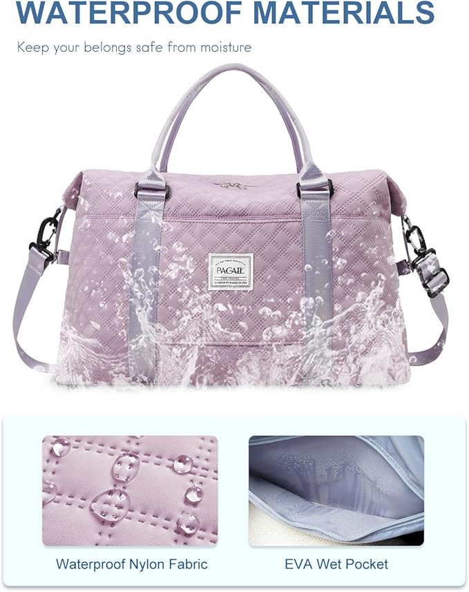 BAGAIL Travel Duffel Bag, Weekender Bags for Women, Overnight Gym Carry On Tote Bag with Wet Pocket, Hospital Mom Bag for Labor and Delivery - Grid-Purple
