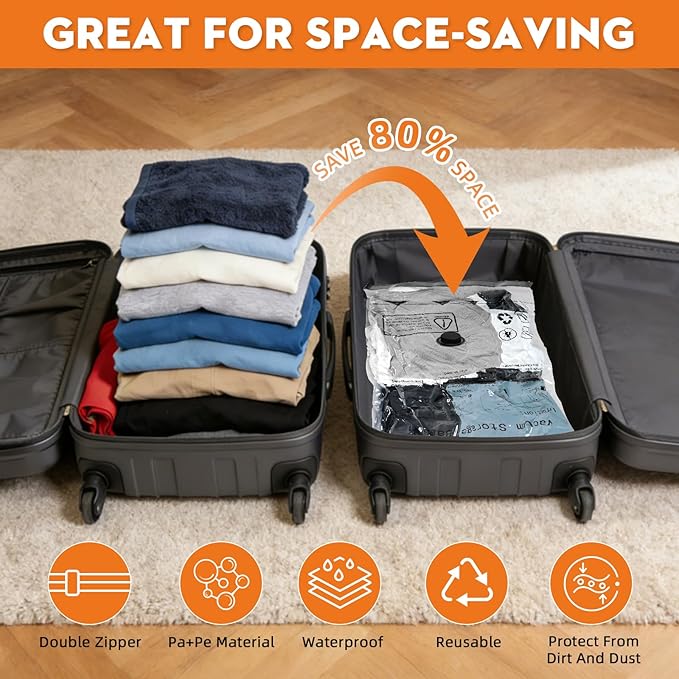 TOLDATE 12 Pack Travel Vacuum Bags - Compression Bags for Travel with 4 Different Sizes(2J/2L/4M/4S)，Vacuum Travel Bags with Rechargeable Pump for Luggage and Home Organization