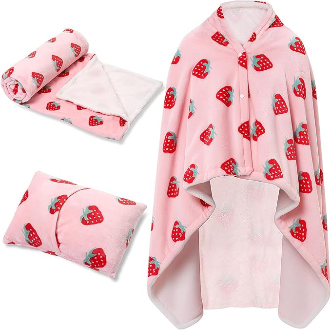 Plush Wearable Blanket Pink Strawberry Fleece Travel Blanket Women Pillow 2 in 1 with Sleeves and Buttons Lap Throw Shawl for Office Sofa Winter Warm Accessories Gifts