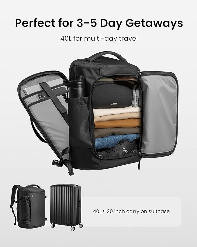 tomtoc Travel Backpack 40L, TSA Friendly Flight Approved Carry-on Luggage Hand Water-resistant Lightweight Business Rucksack, Durable Large Weekender Bag Daypack Fits 17.3 Inch Laptop
