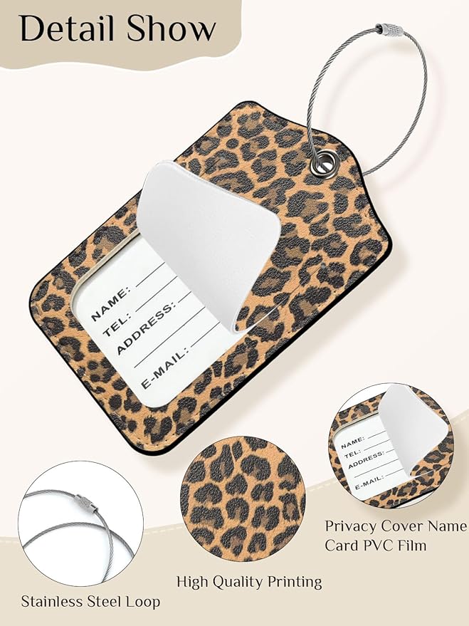Seorsok 2 PCS Luggage Travel Tags for Suitcases,Cute Brown Leopard PU Leather Name Tag with Privacy Cover&ID Label Address Card and Durable Metal Ring Suitable for Men Women Handbags Backpack,Brown