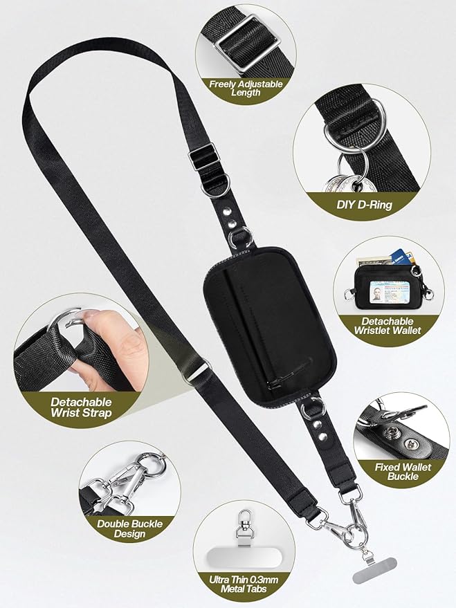 Tiostep Clip and Go Strap for Phone with Wallet Crossbody Phone Lanyard Adjustable and Detachable RFID Wristlet Wallet with ID Window and Zipper, Black(L)