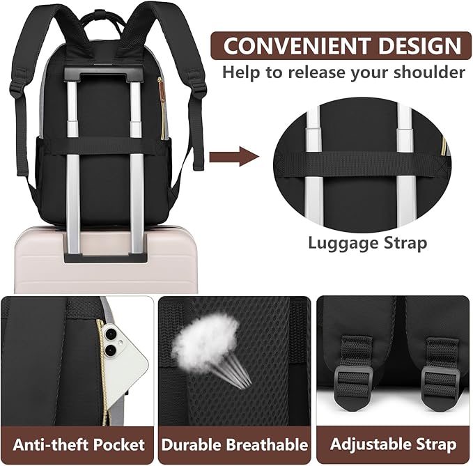 Laptop Backpack for Women Work Bag - Fits 17.3 Inch Laptop Bag Travel Work Backpack Anti-theft Bags with USB Charging Business Computer Waterproof Backpack Purse for Nurse Teacher Black Grey Brown