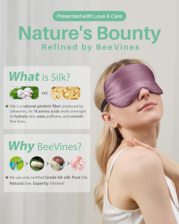 BeeVines 100% Real Mulberry Silk 2 Pack Sleep Mask, Pure Silk Eye Masks with Adjustable Strap for Sleeping, 100% Block Light Eye Shade Cover, Reduces Puffy Eyes Traveling Gifts(Black & Ruby Purple)