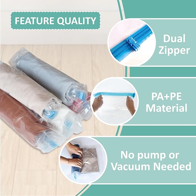 Cozy Essential Compression Bags for Travel - Travel Essentials - 16 Pack Space Saver Bags - No Vacuum Needed - Compression Packing Bags for Cruise Accessories