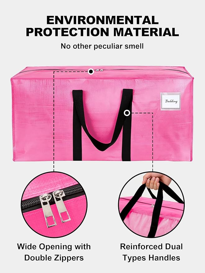8 Pack Large Strong Moving Bags with Zippers & Carrying Handles - Water-Resistant - Heavy Duty Storage Tote for Space Saving, Fold Flat, Alternative to Moving Box (Pink)