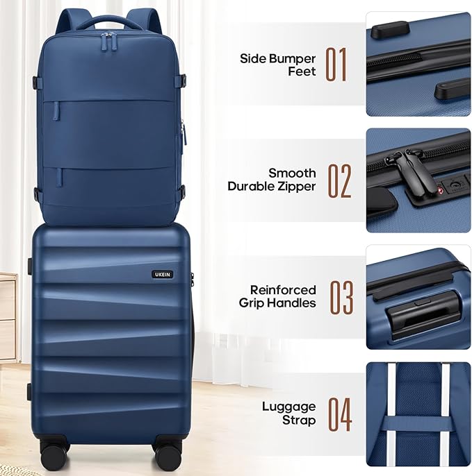 UKEIN Luggage Set with Backpack,Polycarbonate Carry On Luggage Airline Approved with Spinner Wheels, Hardshell Travel Suitcase with TSA Lock,Suitcase Set 3 Piece