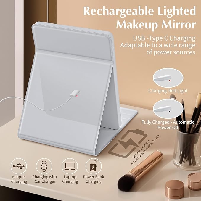 Travel Makeup Mirror, Portable LED Lighted Makeup Mirror, Rechargeable 1800mAh Battery, 2 Light Settings, USB-Powered Travel Vanity Mirror
