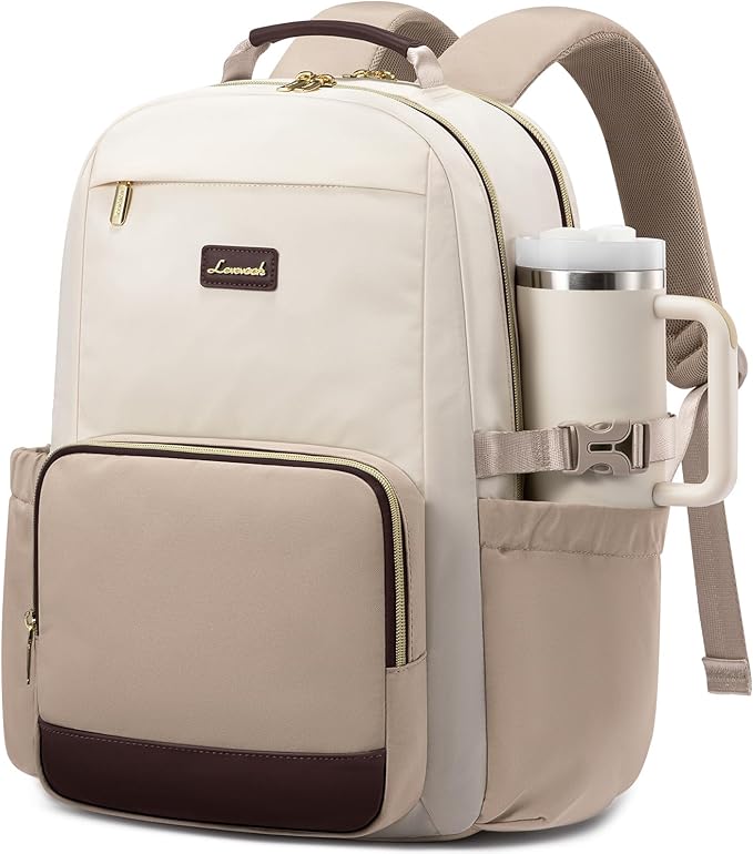 LOVEVOOK Laptop Backpack for Women with Pouch Pocket for Large Capacity Cup,18 Inch Laptop Computer Bag Travel Backpack Purse,Waterproof Work Business College Teacher Backpack,Beige-Nude-Logam Plum