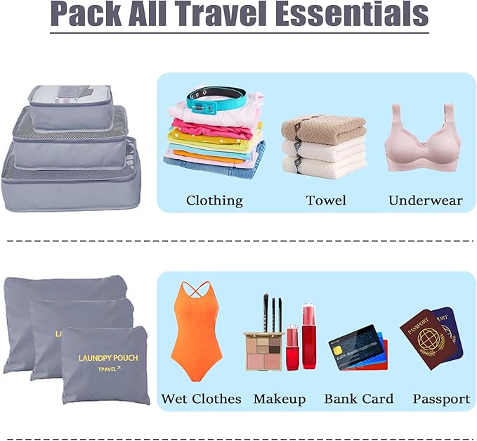6 Set Packing Cubes for Travel Luggage Packing Bags Reusable Waterproof Suitcase Organizer Bags Set with Shoe Bag and Toiletry Bag (Grey)