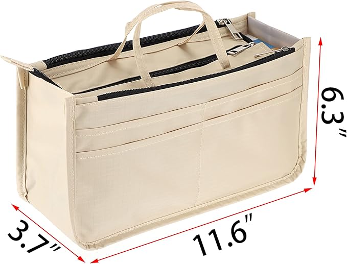 BTSKY Printing Handbag Organizers Inside Purse Insert - High Capacity 13 Pockets Bag Tote Organizer with Handle Beige