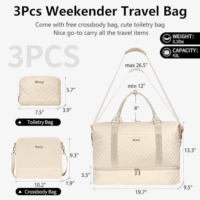 Weekender Bag, Large Travel Duffel Bag for Women, Carry on Overnight Bag with Shoe Compartment and Toiletry Bags