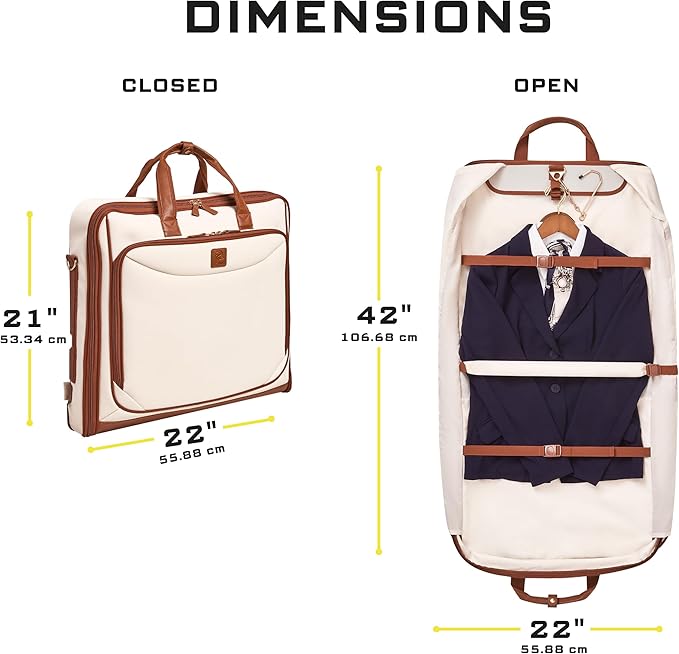 ZEGUR Premium Garment Bag Carry On for Women - Hangs Blazers, Pantsuits & More - Travel Bag with Shoulder Strap and Laptop Compartment (Beige with Saddle Brown Leather)