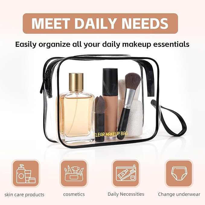 Clear Makeup Bag,2 Pack TSA Approved Toiletry Bag Travel Toiletry Bag Hanging Makeup Cosmetic bag for Women Men (Black).