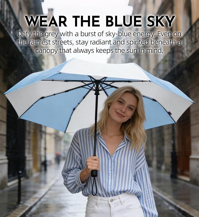 Windproof Travel Umbrella for Rain - 43" Auto Open Close 8-Rib Compact, Stylish Two-Tone Color Block Design, Easy-Close Folding Portable Parasol for Men & Women