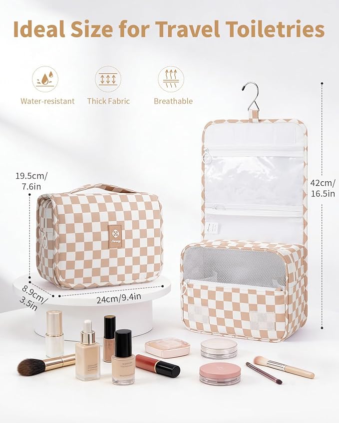 Narwey Small Hanging Travel Toiletry Bag for Traveling Women, Checkered Travel Bag for Toiletries, Makeup Bag Organizer Make Up Cosmetic Bags (Light Brown Checkerboard)
