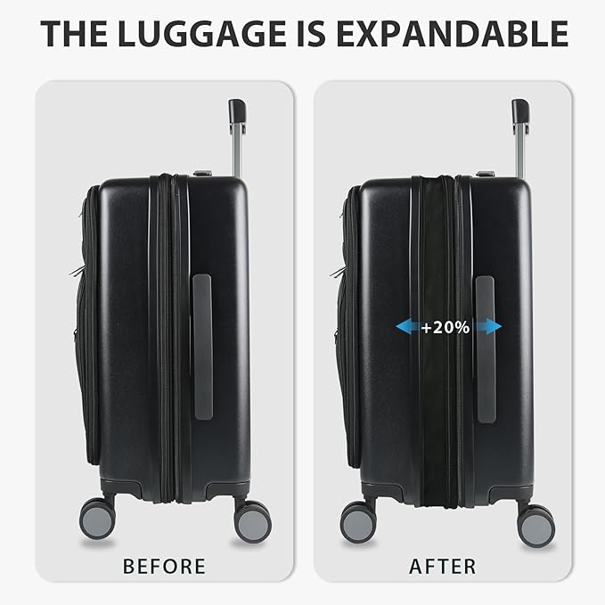 KROSER Hardside Expandable Carry On Luggage 22x14x9 Airline Approved With Front Business Pockets, 20 Inch Suitcases with Wheels, Carry on Suitcase with TSA Lock & USB Port, Black