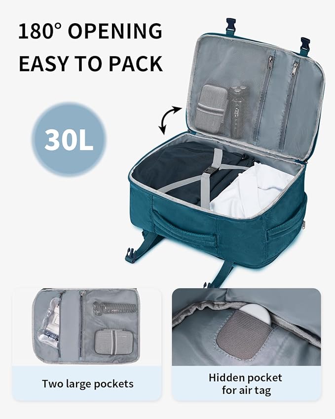 ECOHUB Travel Backpack for Women, 18x14x8 Spirit Airlines Personal Item Bag with Clear Toiletry Bag, Laptop Carry on Backpack with USB Port, Airline Approved Under Seat 14 Pockets, Blue Green