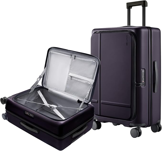 NINETYGO Medium Checked Luggage 25 Inch, Flat Top Opening Check In Luggage with Cup Holder, Expandable, Lightweight PC Hard Shell, TSA Lock, 360° Spinner Wheels (Blackcurrant Oolong)