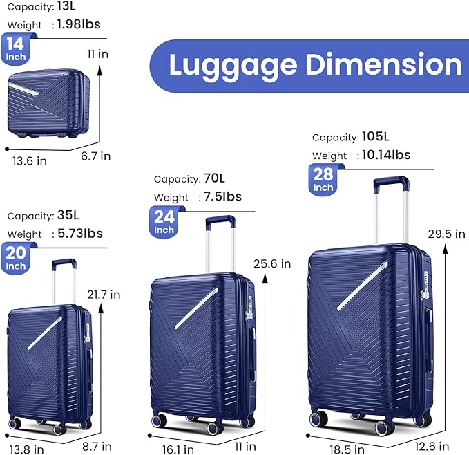 4 Piece Expandable Hardshell Pink Luggage Sets with Spinner Wheels, Lightweight Travel Suitcase Set with TSA Locks, 20 inch Carry On for Women (Navy Blue, 4 Piece Set)