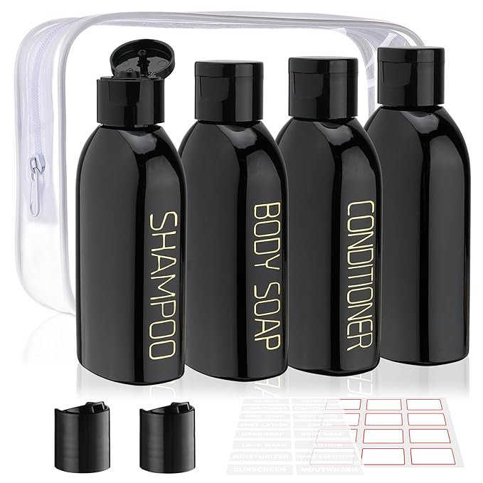 Cosywell Travel Bottles for Toiletries 4pcs 3.4oz Travel Shampoo and Conditioner Bottles TSA Approved Travel Size Containers Leak Proof Small Plastic Squeeze Bottles with Flip Cap(Black)