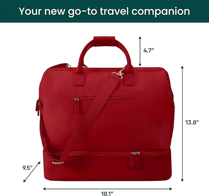 NOBL Travel Weekender Bag for Women & Men, Large Duffel Carry-On Tote with Trolley Sleeve, Separate Shoe Compartment & Laptop Pocket, Leather Overnight Bag for Airplane, Gym, Road Trips - Cherry Red