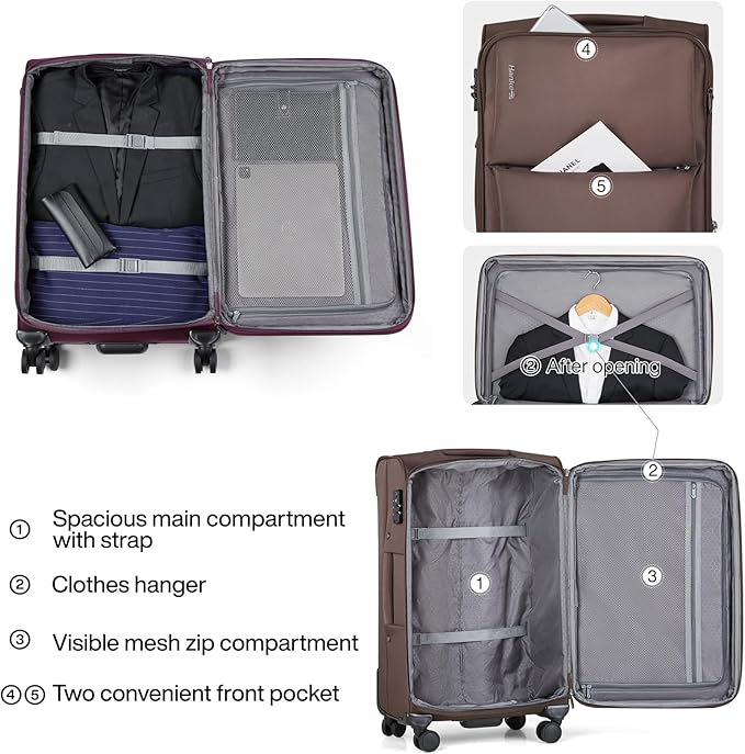 Hanke 24 Inch Luggage Expandable Softside Checked Suitcases with Spinner Wheels, Upright Rolling Luggage Suitcases Travel TSA Luggage Bag for Women Men(Coffee)