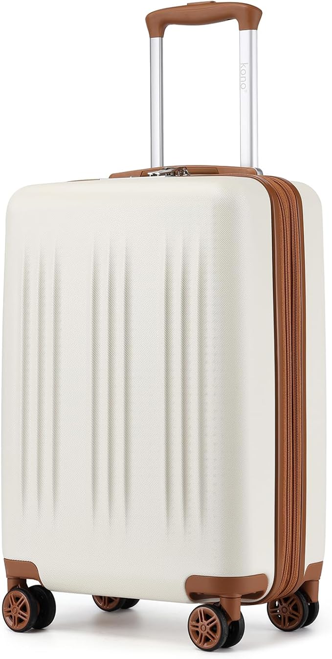 Kono Small 20 Inch Expandable Carry On Luggage with Quiet Spinner Wheels & TSA Lock, Scratch and Drop Resistant PC+ABS Hardside 22x14x9 Airline Approved Suitcase, Cream White & Brown