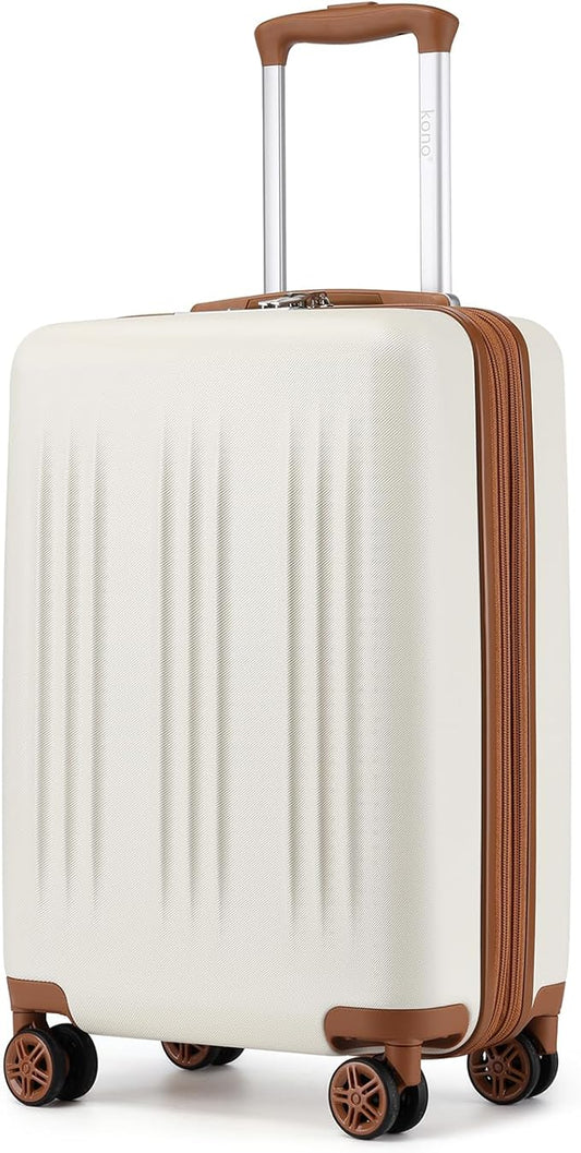 Kono Small 20 Inch Expandable Carry On Luggage with Quiet Spinner Wheels & TSA Lock, Scratch and Drop Resistant PC+ABS Hardside 22x14x9 Airline Approved Suitcase, Cream White & Brown