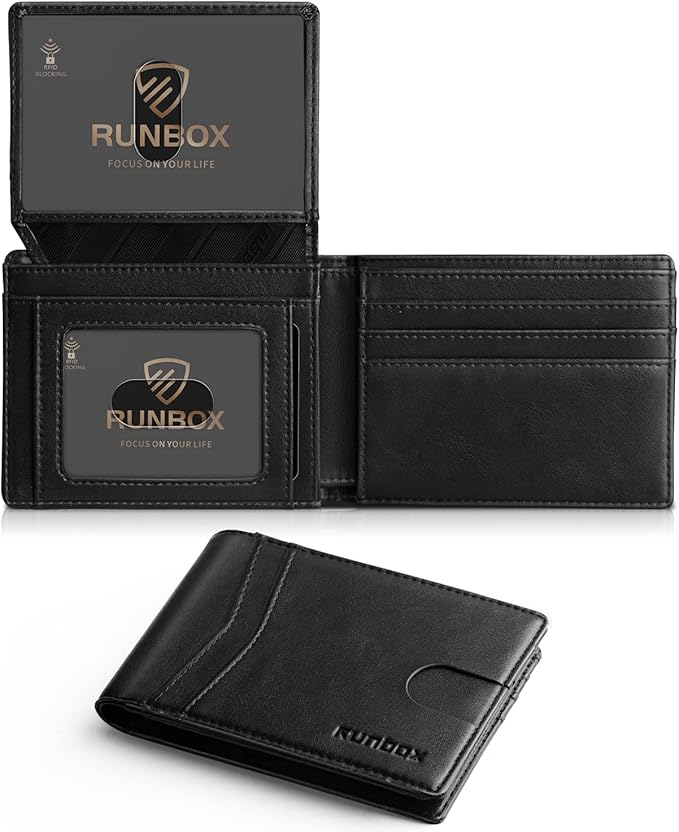 RUNBOX Wallet for Men Slim Rfid Leather 2 ID Window With Gift Box | Slim, Rfid, 2 ID Window, With Gift Box, Slim, Rfid