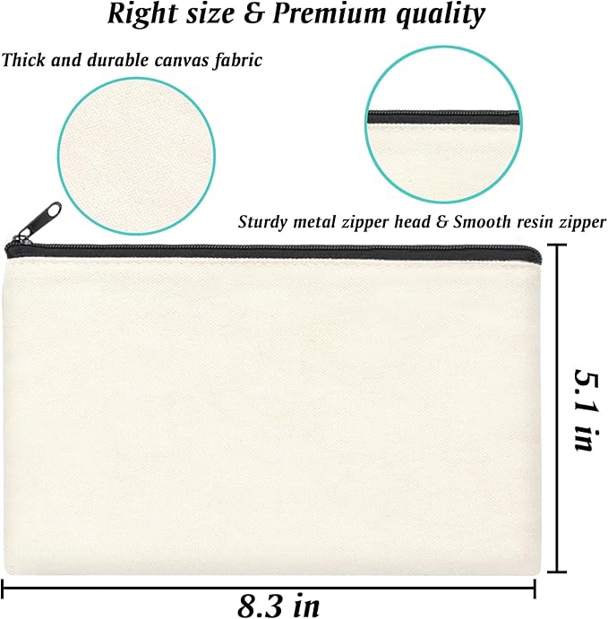 ZeeDix Canvas Pouch- Multi-purpose Cosmetic Bag with Zipper, DIY Craft Canvas Zipper Pouch Blank Makeup Bags Bulk Travel Toiletry Bag for Storage (8.3 x 5 inches)
