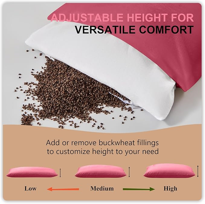 Organic Buckwheat Pillow for Sleeping with Dual-Layer Pillowcase and Extra Tartary Buckwheat Hulls, Adjust Height and Firmness, Neck Support Pillow for Back and Side Sleepers 20"x26", Burgundy