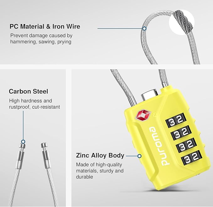 Puroma 2 Pack TSA Approved Luggage Lock, 4 Digit Combination Travel Cable Locks Resettable Code Lock with Zinc Alloy Body for Suitcase, Toolbox, Backpack, Bag, Gym Locker (Yellow)