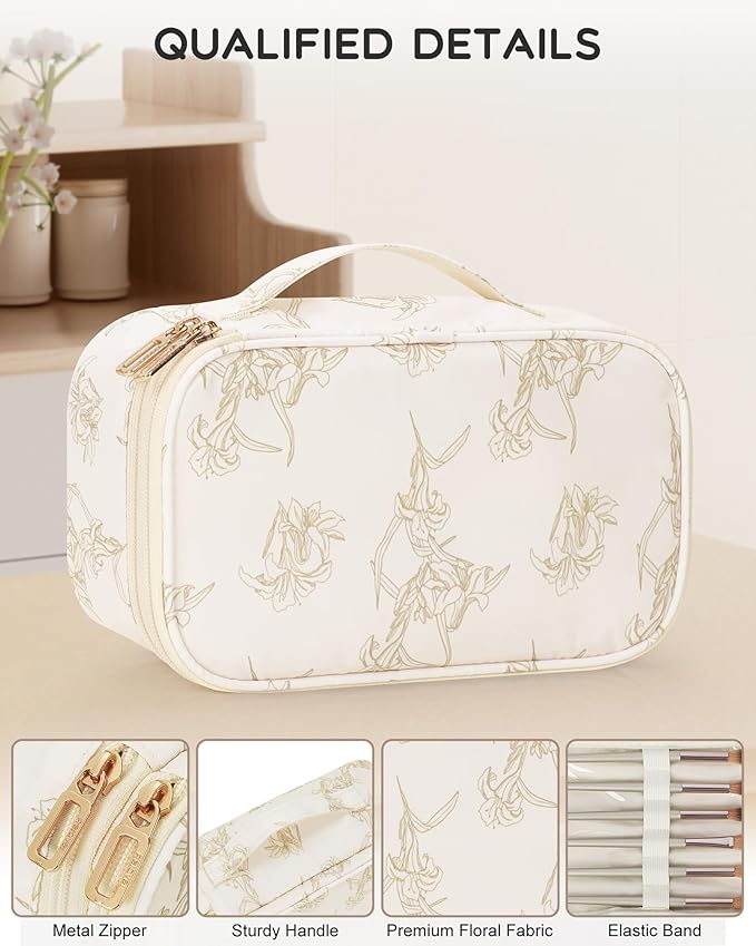Relavel Travel Makeup Bag, Small Floral Cosmetic Bag with Makeup Brush Compartment, Portable Makeup Pouch for Women, Double Layer Cute Toiletry Organizer Bag, Lily Floral