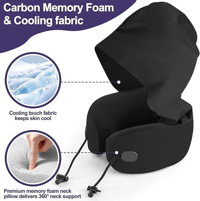 Neck Pillow for Travel, Premium Carbon-Infused Memory Foam, Cooling Fabric Pillow for Airplane, 360° Neck Support for Long Flights, Hooded Travel Pillowl for Planes, Cars and Office, Hooded, Black