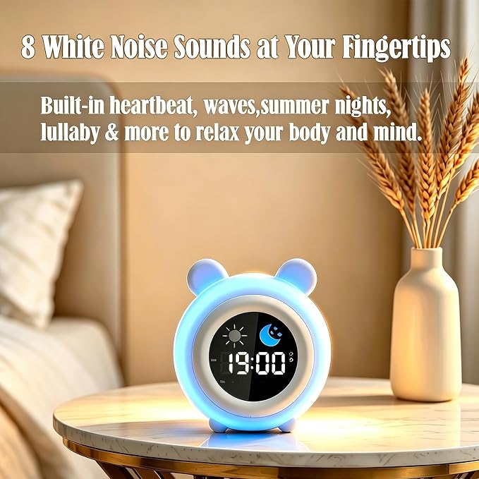 Tiger Cartoon Ok to Wake Alarm Clock, White Noise Tap Night Light for Room | 6 White Noise Sounds, 8 Light Modes, Dual Alarm & Snooze, Dimmable LED, Type-C Rechargeable, 12/24 Hour Display