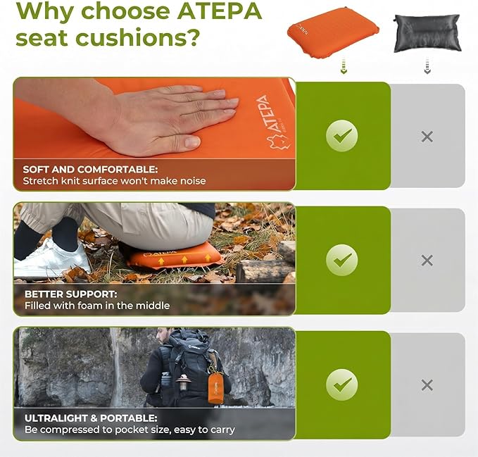 ATEPA Inflatable Seat Cushion, Self-Inflating Portable Stadium Airplane Travel Foam Cushion Pad for Camping, Sports Events, Outdoor